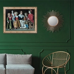«Женщина и пять детей» в интерьере классической гостиной с зеленой стеной над диваном