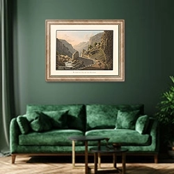 «Entrée du Vallon de Dovedro» в интерьере зеленой гостиной над диваном