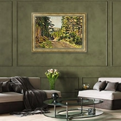 «Сибирский пейзаж» в интерьере гостиной в оливковых тонах