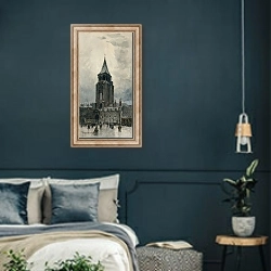 «L’église Saint-Germain-des-Prés» в интерьере классической спальни с темными стенами