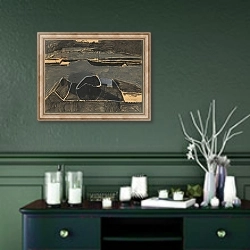 «Доки в Остенде» в интерьере прихожей в зеленых тонах над комодом