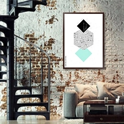 «Абстрактная геометрическая композиция 7» в интерьере двухярусной гостиной в стиле лофт с кирпичной стеной
