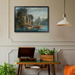 «La Chapelle de Guillaume Tell sur le Lac des Quatre Cantons avec la fête religieuse qu’on y célèbre chaque année en mémoire des événements de 1307» в интерьере комнаты в стиле ретро с проигрывателем виниловых пластинок