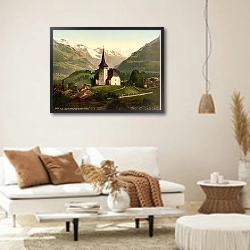 «Швейцария. Город Фрутиген, церковь и Альпы» в интерьере светлой гостиной в стиле ретро