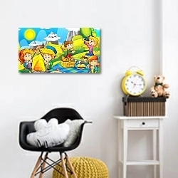 «cartoon autumn nature background in the mountains with space for text - illustration for children» в интерьере детской комнаты для девочки с желтыми деталями