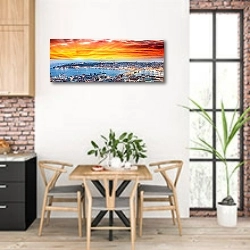 «Замечательный панорамный вид из Стамбула в сумерках через Золотой Рог» в интерьере кухни с кирпичными стенами над столом