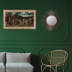 «Поклонение королей 6» в интерьере классической гостиной с зеленой стеной над диваном