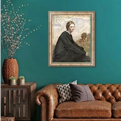 «The brooding girl, c.1857» в интерьере гостиной с зеленой стеной над диваном