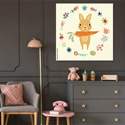 «Симпатичный кролик с морковкой в цветочном венке» в интерьере детской комнаты для девочки в серых тонах