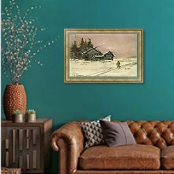 «Winter Landscape with two wooden Huts» в интерьере гостиной с зеленой стеной над диваном