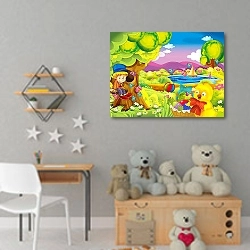 «cartoon happy and funny scene with kid and chick in the park having fun - illustration for children» в интерьере детской комнаты для девочки с игрушками