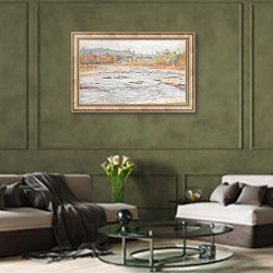 «Whitewater Rapids» в интерьере гостиной в оливковых тонах