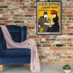 «Absinthe extra-supérieure J. Édouard Pernot» в интерьере в стиле лофт с кирпичной стеной и синим креслом