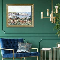 «Маки, Островки мелководья» в интерьере в классическом стиле с зеленой стеной