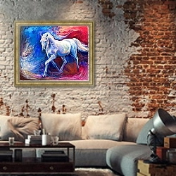 «Синий конь» в интерьере гостиной в стиле лофт с кирпичной стеной