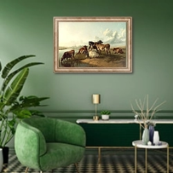 «Луга у церкви» в интерьере гостиной в зеленых тонах