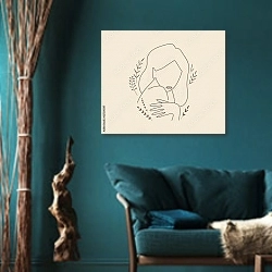 «Линейный портрет женщины» в интерьере зеленой гостиной в этническом стиле над диваном