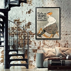 «Езжайте на Стир-Нере и будьте довольны» в интерьере двухярусной гостиной в стиле лофт с кирпичной стеной