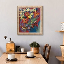 «Still Life with Lilies» в интерьере кухни над обеденным столом с кофемолкой