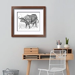 «African buffalo or Syncerus caffer, buffalo, vintage engraving.» в интерьере кабинета с деревянным столом
