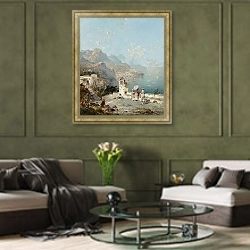 «Амальфи; Соррентоский залив, фигуры на веранде» в интерьере гостиной в оливковых тонах