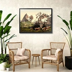 «Швейцария. Венгернальп, горы Монх и Эйгер» в интерьере комнаты в стиле ретро с плетеными креслами