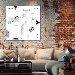 «Современная геометрическая абстракция 14» в интерьере гостиной в стиле лофт с кирпичной стеной