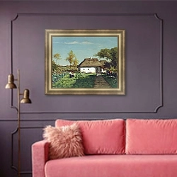 «Украинская усадьба» в интерьере гостиной с розовым диваном