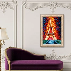 «Эйфелева башня в золотых огнях на ночном небе» в интерьере в классическом стиле над банкеткой