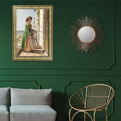 «A Greek Girl Standing on a Balcony 1840» в интерьере классической гостиной с зеленой стеной над диваном
