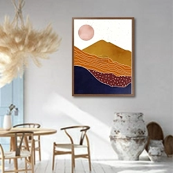 «Абстрактный пейзаж гор с солнцем 3» в интерьере столовой в этническом стиле