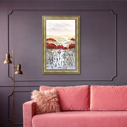 «Осенний пейзаж с водопадом» в интерьере гостиной с розовым диваном