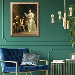 «Interior With A Man Holding A Lyre And A Woman With A Music Score» в интерьере в классическом стиле с зеленой стеной