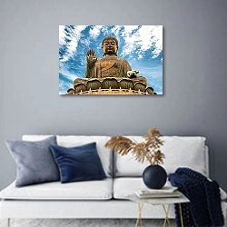 «Гигантский Будда» в интерьере современной гостиной в синих тонах