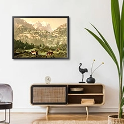 «Швейцария. Гора Веттерхорн» в интерьере комнаты в стиле ретро над тумбой