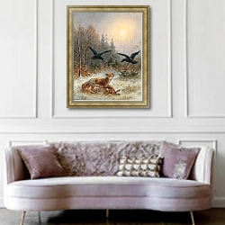 «Лиса защищает свою добычу» в интерьере гостиной в классическом стиле над диваном