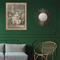 «Femme jouant de la guitare dans un intérieur» в интерьере классической гостиной с зеленой стеной над диваном