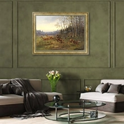 «Охота на оленей» в интерьере гостиной в оливковых тонах