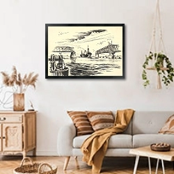 «De Hembrug over het Noordzeekanaal» в интерьере гостиной в стиле ретро над диваном