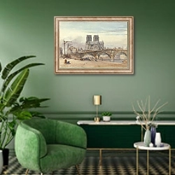 «Notre Dame, Paris» в интерьере гостиной в зеленых тонах