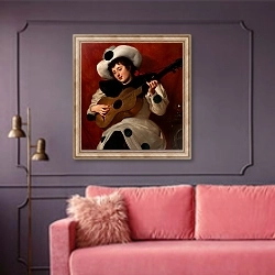 «Harlequin with a guitar» в интерьере гостиной с розовым диваном