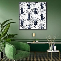 «Stag Beetles, 2017, Ink» в интерьере гостиной в зеленых тонах