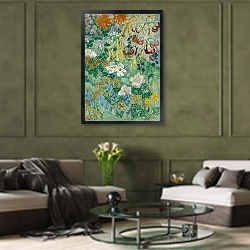 «Цветы» в интерьере гостиной в оливковых тонах