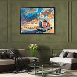 «Road giant» в интерьере гостиной в оливковых тонах