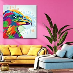 «Цветной орел, портрет» в интерьере яркой красочной гостиной в стиле поп-арт