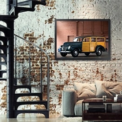 «Ford Deluxe Station Wagon '1939» в интерьере двухярусной гостиной в стиле лофт с кирпичной стеной