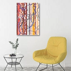 «Цветные деревья» в интерьере комнаты в скандинавском стиле с желтым креслом