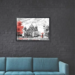 «Пара под красным зонтом в Берлине» в интерьере в стиле лофт с черной кирпичной стеной