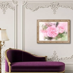 «Две розовые розы в стиле гранж» в интерьере в классическом стиле над банкеткой