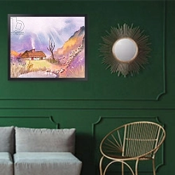 «Bright Sky over Dorset, 2018» в интерьере классической гостиной с зеленой стеной над диваном
